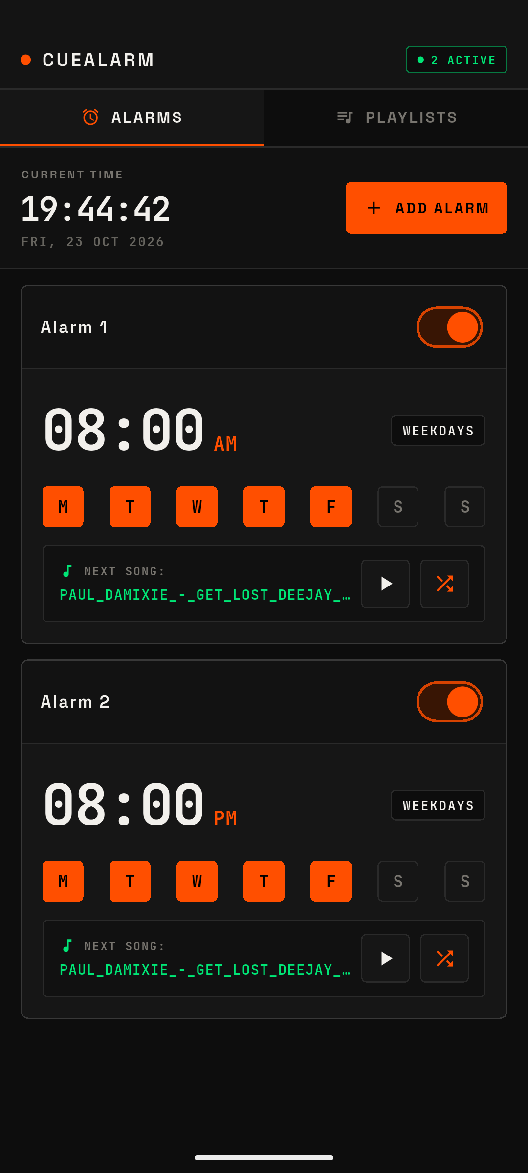 CueAlarm Master Deck Screen